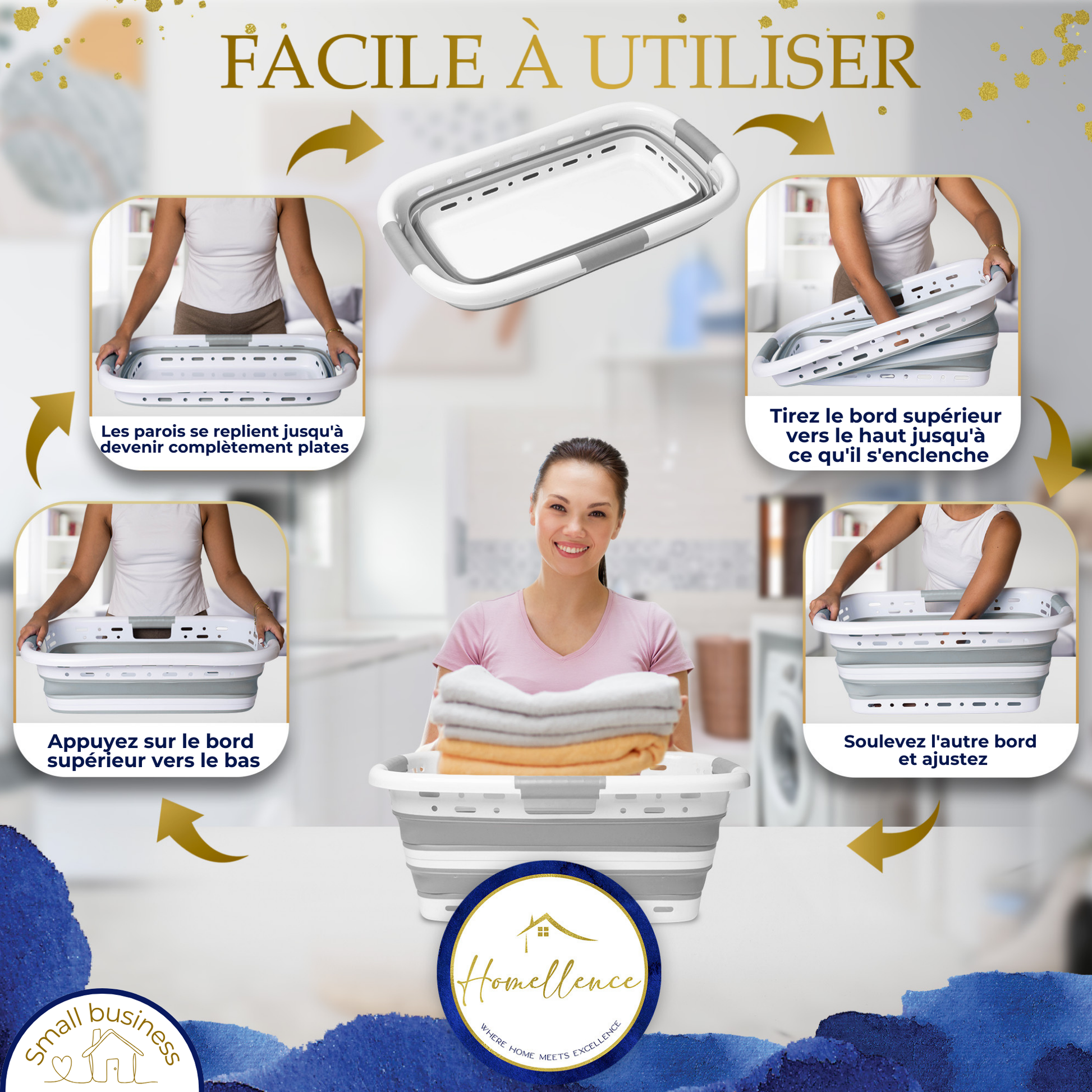 Manuel d'utilisation illustré : comment déplier et replier le panier à linge Homellence en quelques étapes simples.