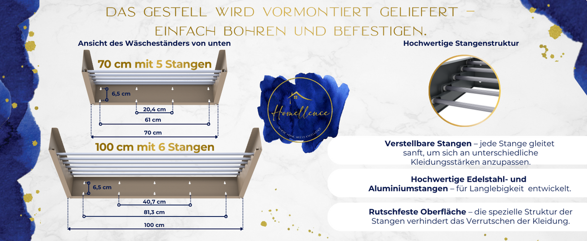 Dimensions of the wall-mounted drying rack in all three lengths