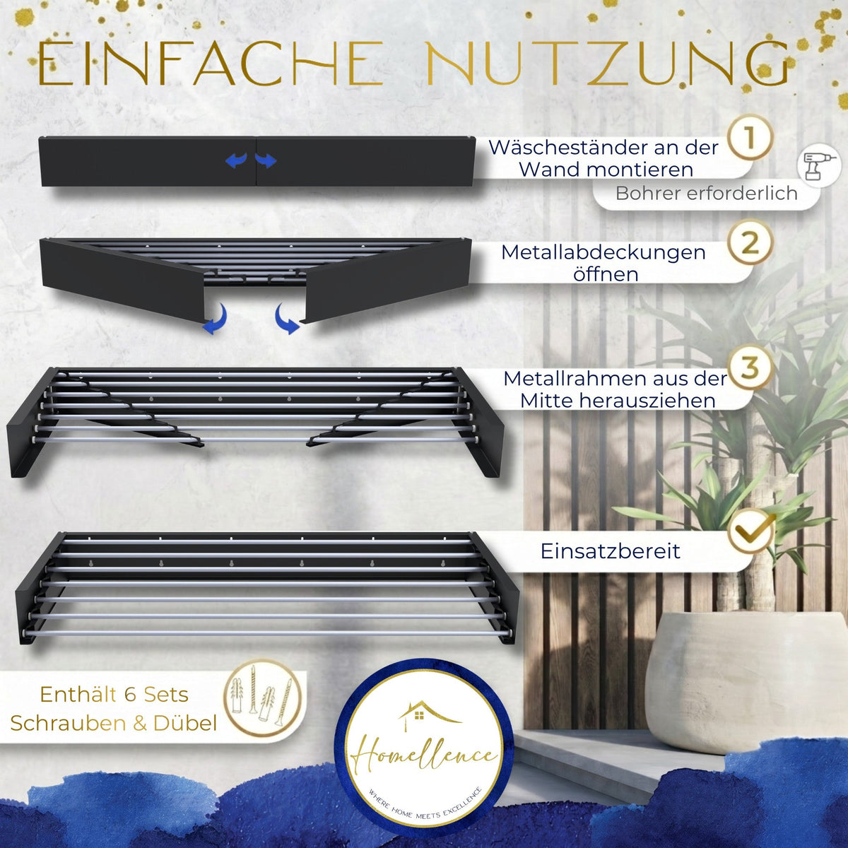 Homellence wall-mounted drying rack, Black, 120 cm (image 4)
