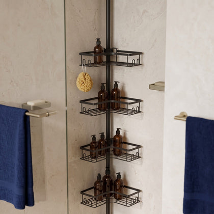 Homellence telescopic corner shower caddy in a bathroom corner, no drilling