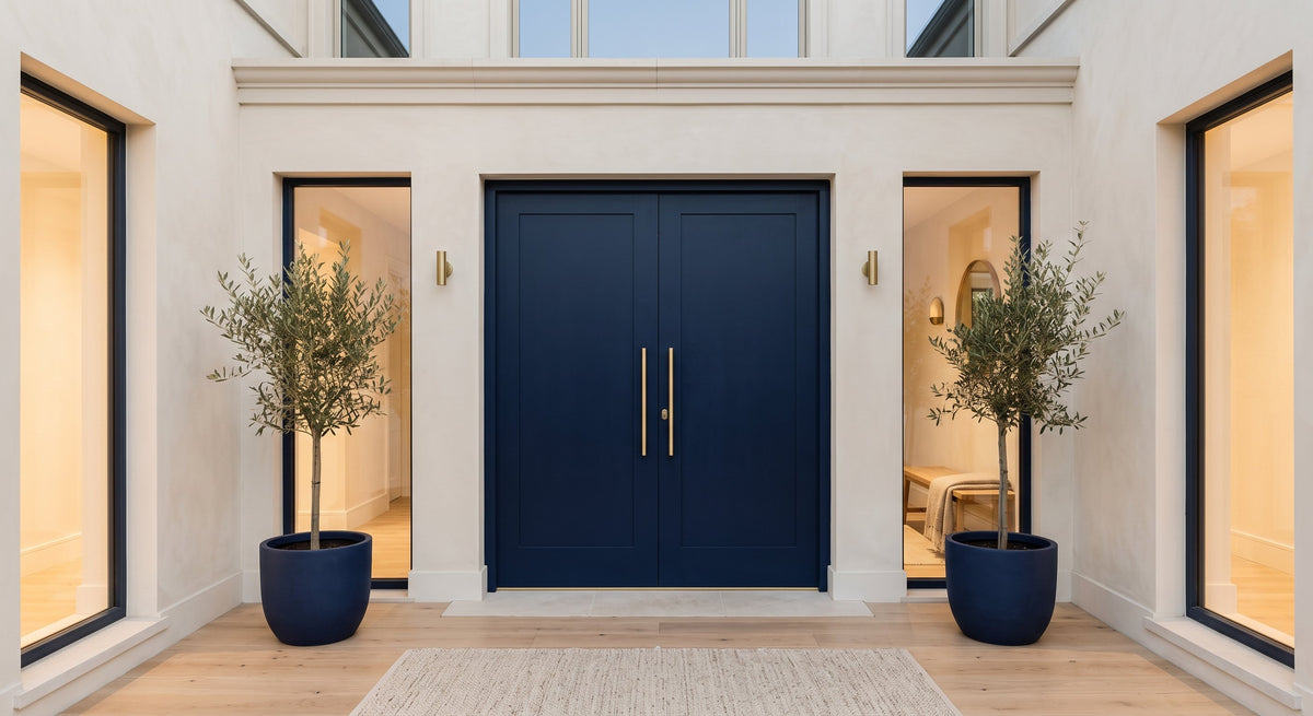 Entrance of a house with a navy double door and two olive trees