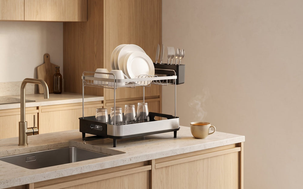 Two-tier dish drying rack in the kitchen