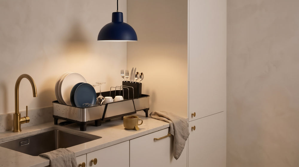 Extendable dish drying rack beside the sink