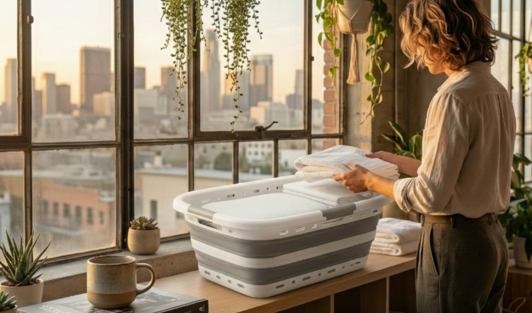 Collapsible laundry basket by a window