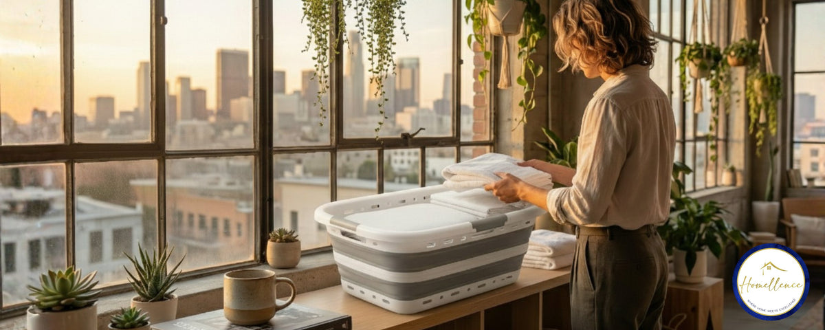 Person folding towels into the collapsible laundry basket by a large window