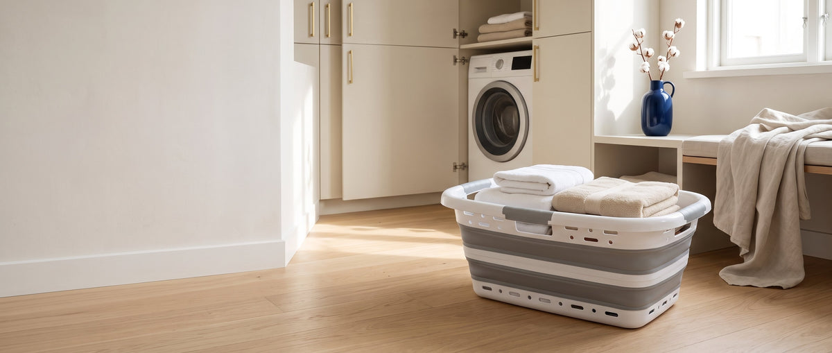 Collapsible laundry basket with folded towels in a bright laundry room