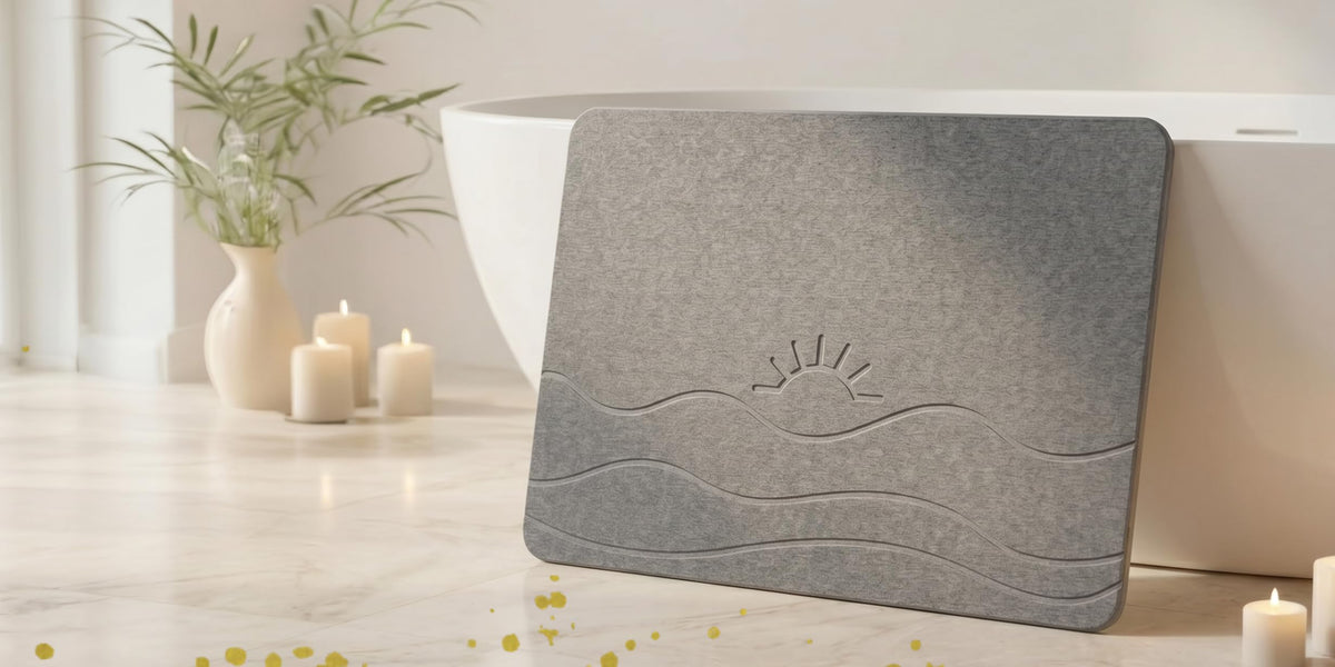 Diatomit-Badematte hochkant an die Badewanne gestellt, Kerzen und Pflanze
