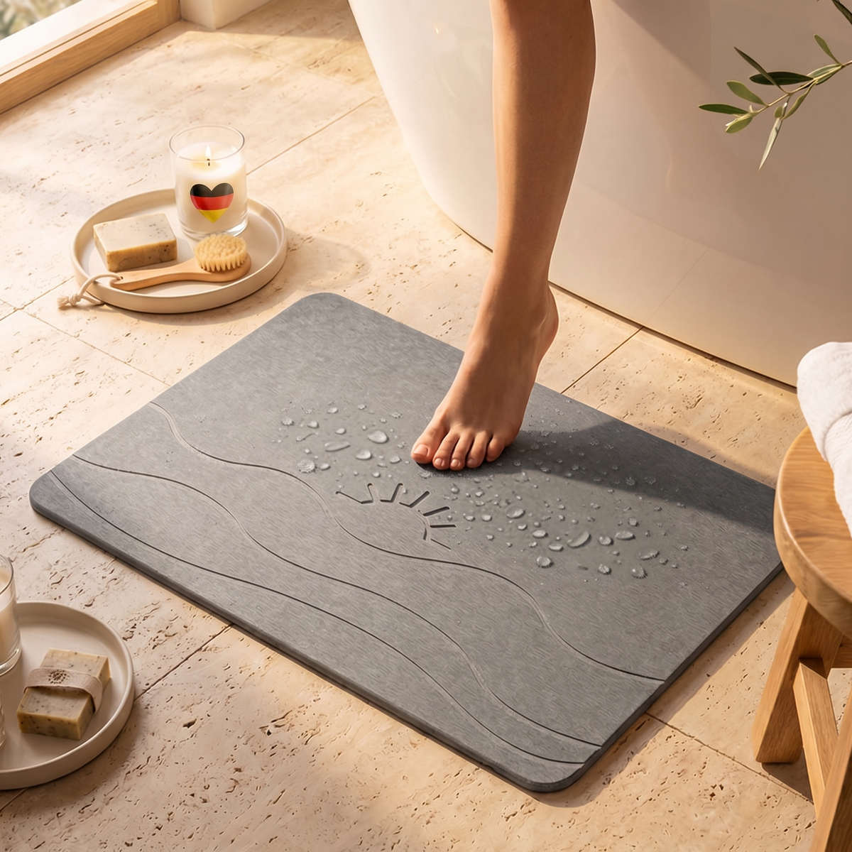 Diatomite bath mat Solaris Aura in a warm bathroom
