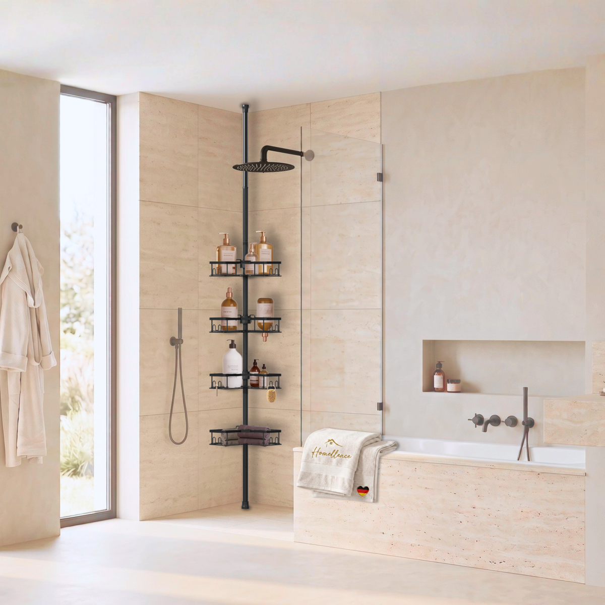 Modern walk-in shower with the telescopic corner caddy