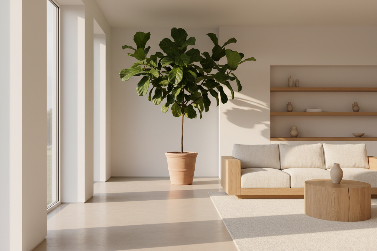 Homellence Space-Saving Blog Banner - Minimalist modern living room with a large fiddle leaf fig plant, light beige sofa, and wooden coffee table in a bright, sunlit interior.