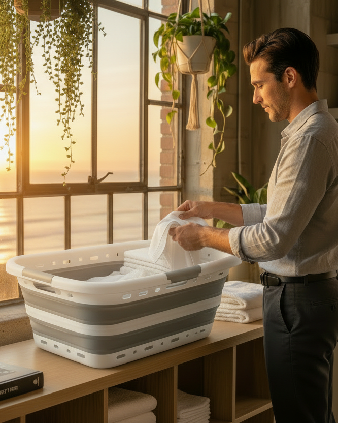 Homellence Collapsible Laundry Basket - Modern space-saving design shown in a bright home setting, featuring high-capacity storage and a robust, shape-retaining frame.