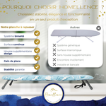 Tableau comparatif : les avantages de la planche Homellence comme le système breveté et la surface continue par rapport aux modèles standards instables.