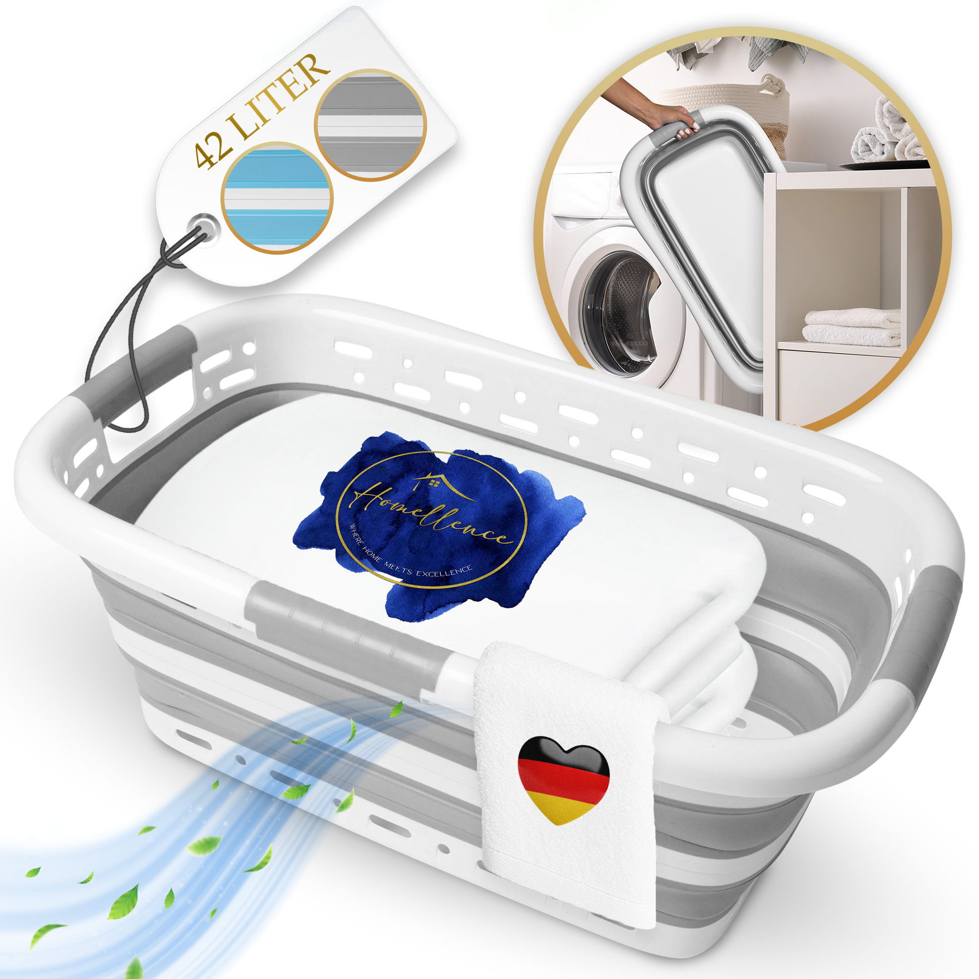 Faltbarer Homellence Wäschekorb in modernem Grau-Weiß mit 42 Liter Fassungsvermögen und Pop-up-Funktion für maximale Platzersparnis.