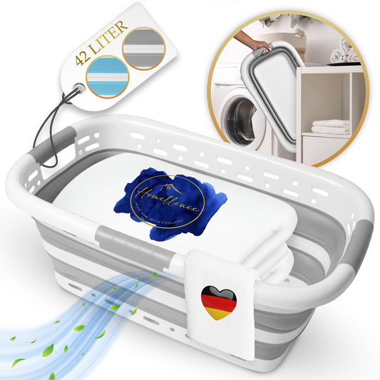 Faltbarer Homellence Wäschekorb in modernem Grau-Weiß mit 42 Liter Fassungsvermögen und Pop-up-Funktion für maximale Platzersparnis.