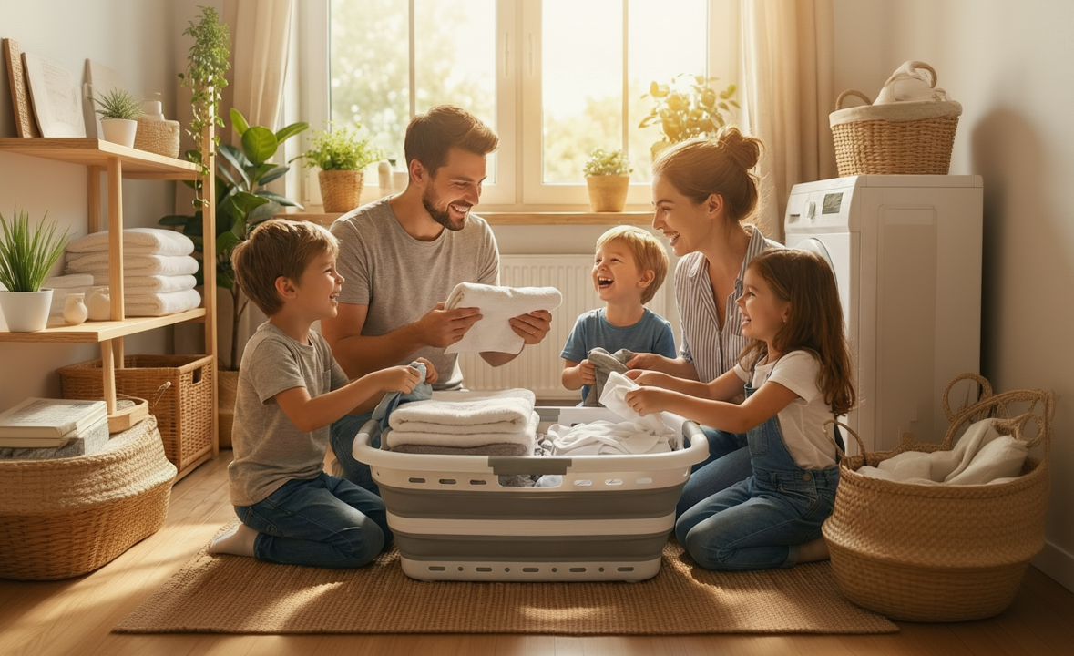 Homellence Family Laundry Day - A family of four happily sorting clothes into a space-saving collapsible laundry basket in a bright, sunlit modern laundry room.