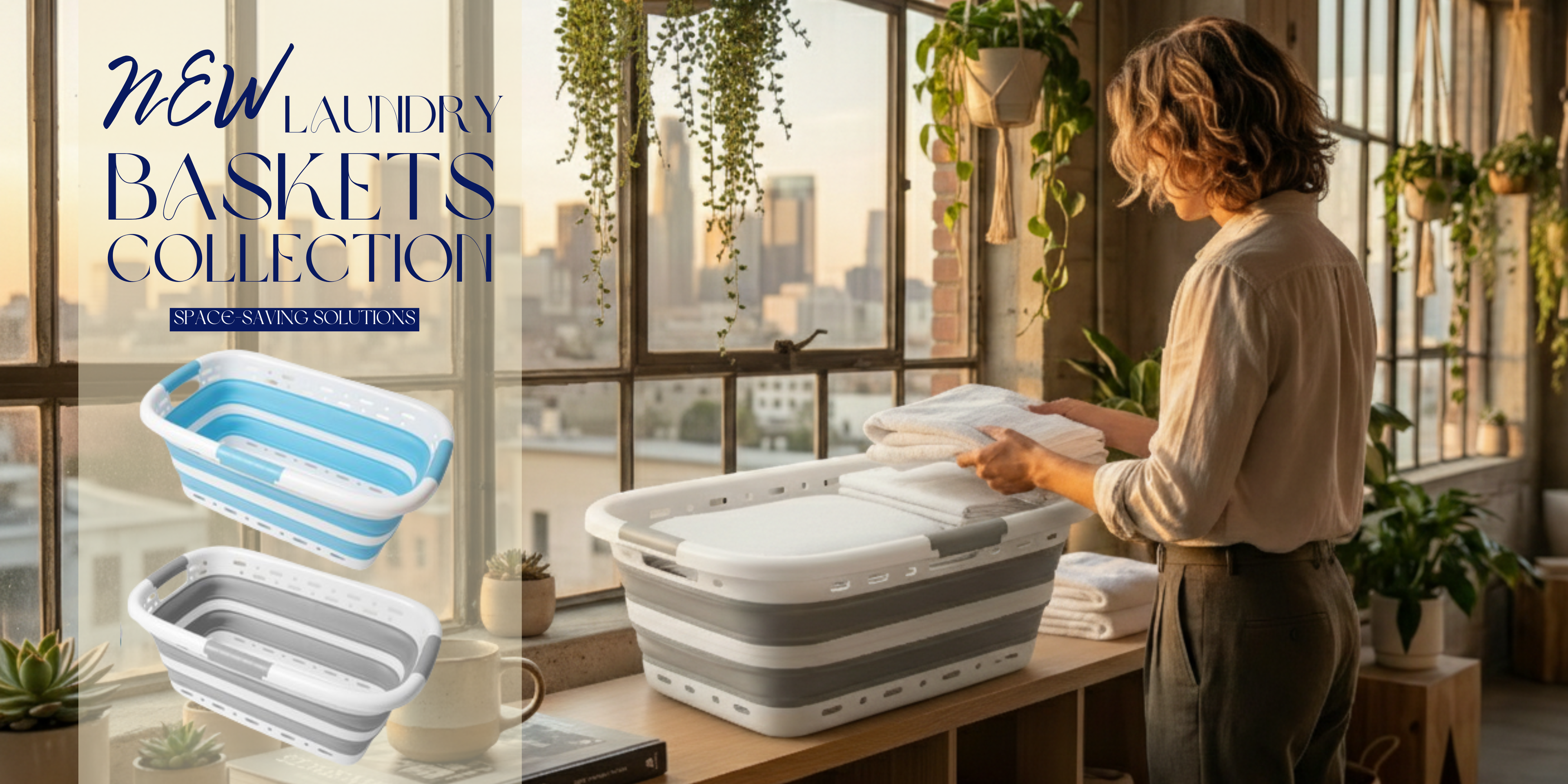 Homellence New Laundry Baskets Collection - Space-saving collapsible laundry baskets in blue and grey, shown in a bright modern room with a city view.