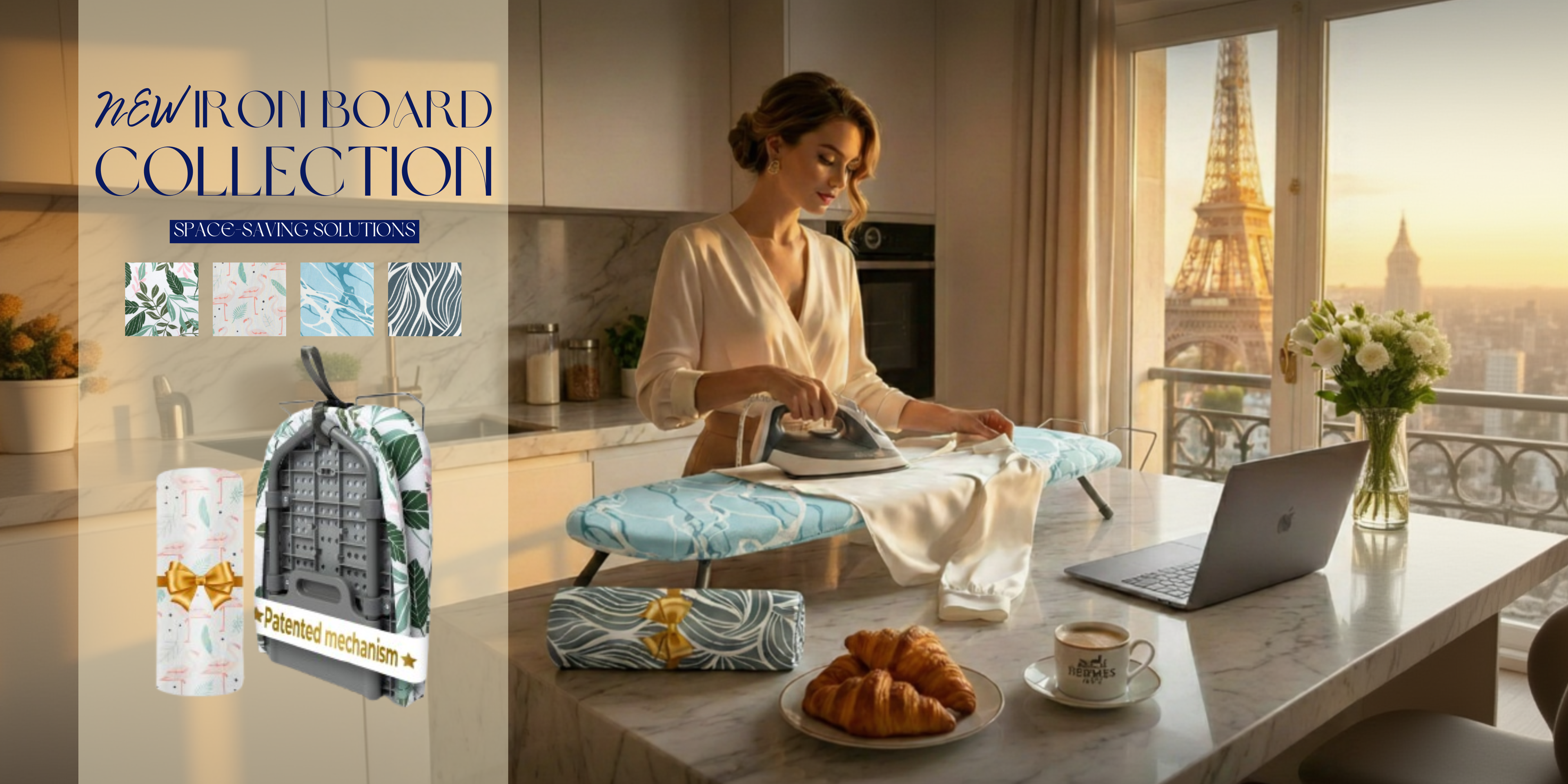Homellence New Iron Board Collection - Portable tabletop ironing board with patented mechanism and various modern covers, shown in an elegant kitchen with a Parisian cityscape view.