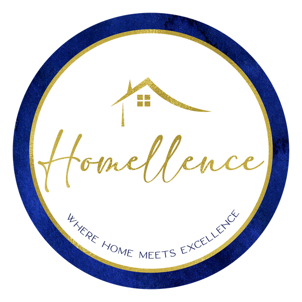 Homellence Official Logo - Premium home solutions brand "Where Home Meets Excellence" featuring a gold house icon on a blue watercolor background.