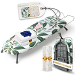 Homellence Tischbügelbrett-Set mit modernem Blätter- und Flamingo-Design, inklusive zwei Ersatzbezügen und patentiertem, stabilem Klappmechanismus.