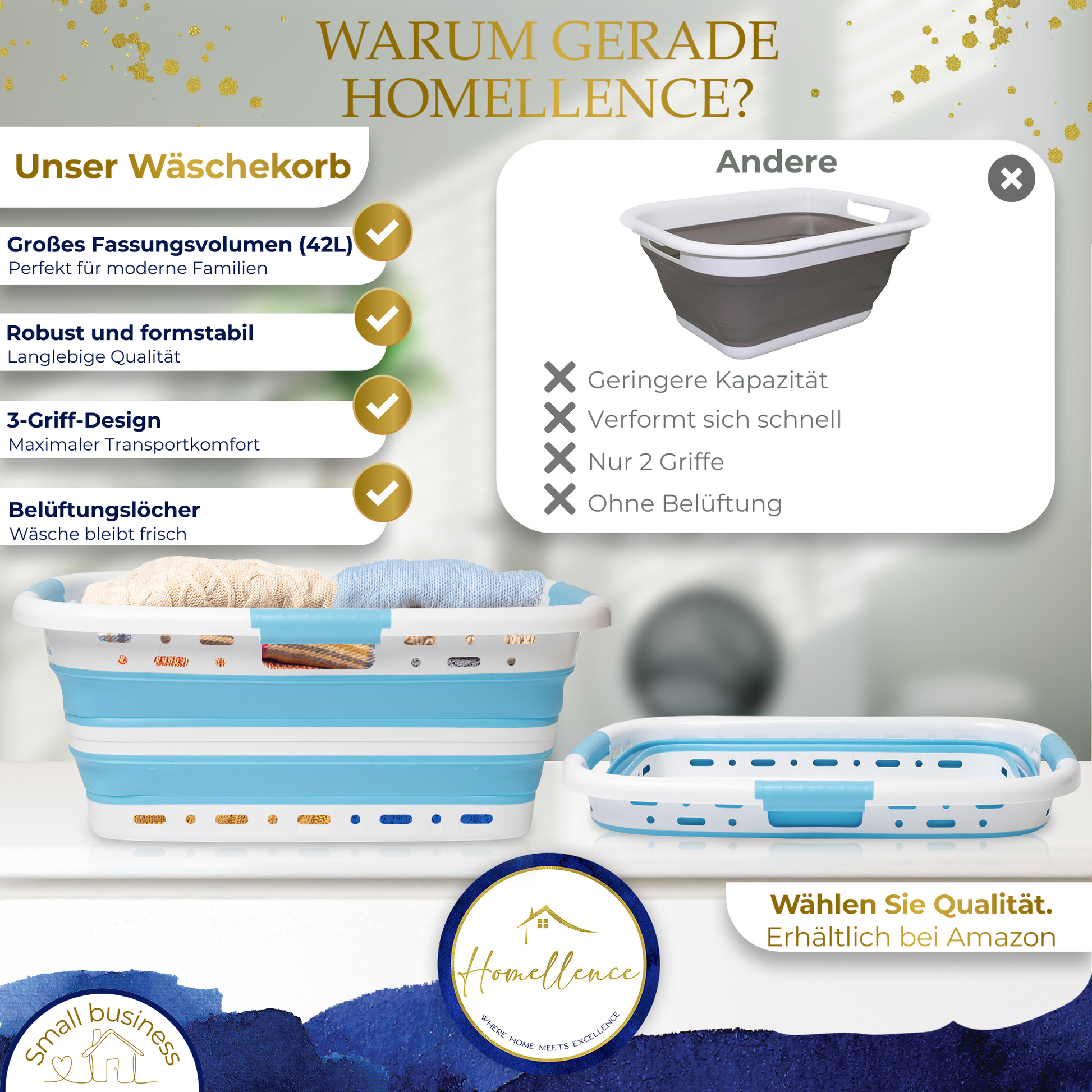 Vergleichsgrafik: Vorteile des Homellence Wäschekorbs gegenüber Konkurrenzprodukten, wie 42L Volumen, Belüftung und langlebige Qualität.