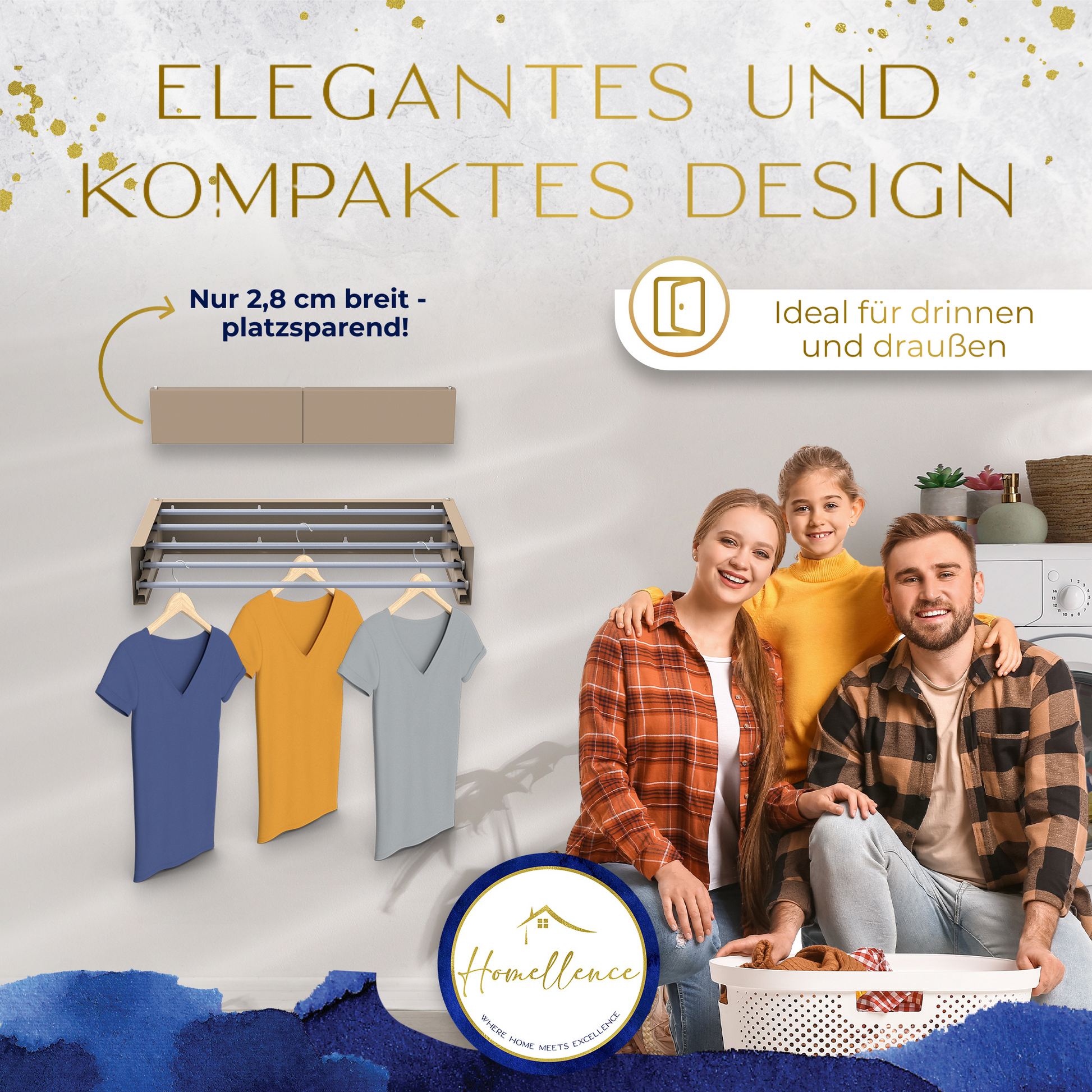 Modernes Familiendesign: Der 70 cm breite Homellence Wäscheständer in Cappuccino fügt sich stilvoll und nur 2,8 cm schmal in jeden Haushalt ein.