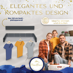 Kompaktes Design in Anthrazit: Eine Familie nutzt den nur 2,8 cm breiten Homellence Wäscheständer für effizientes und stilvolles Trocknen.