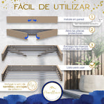 Guía de uso Homellence: instalación sencilla en pared con kit incluido y desplegado rápido de las 6 varillas metálicas desde el centro.