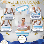 Manuale d'uso illustrato: come aprire e chiudere il cesto per la biancheria pieghevole azzurro in pochi semplici passaggi.