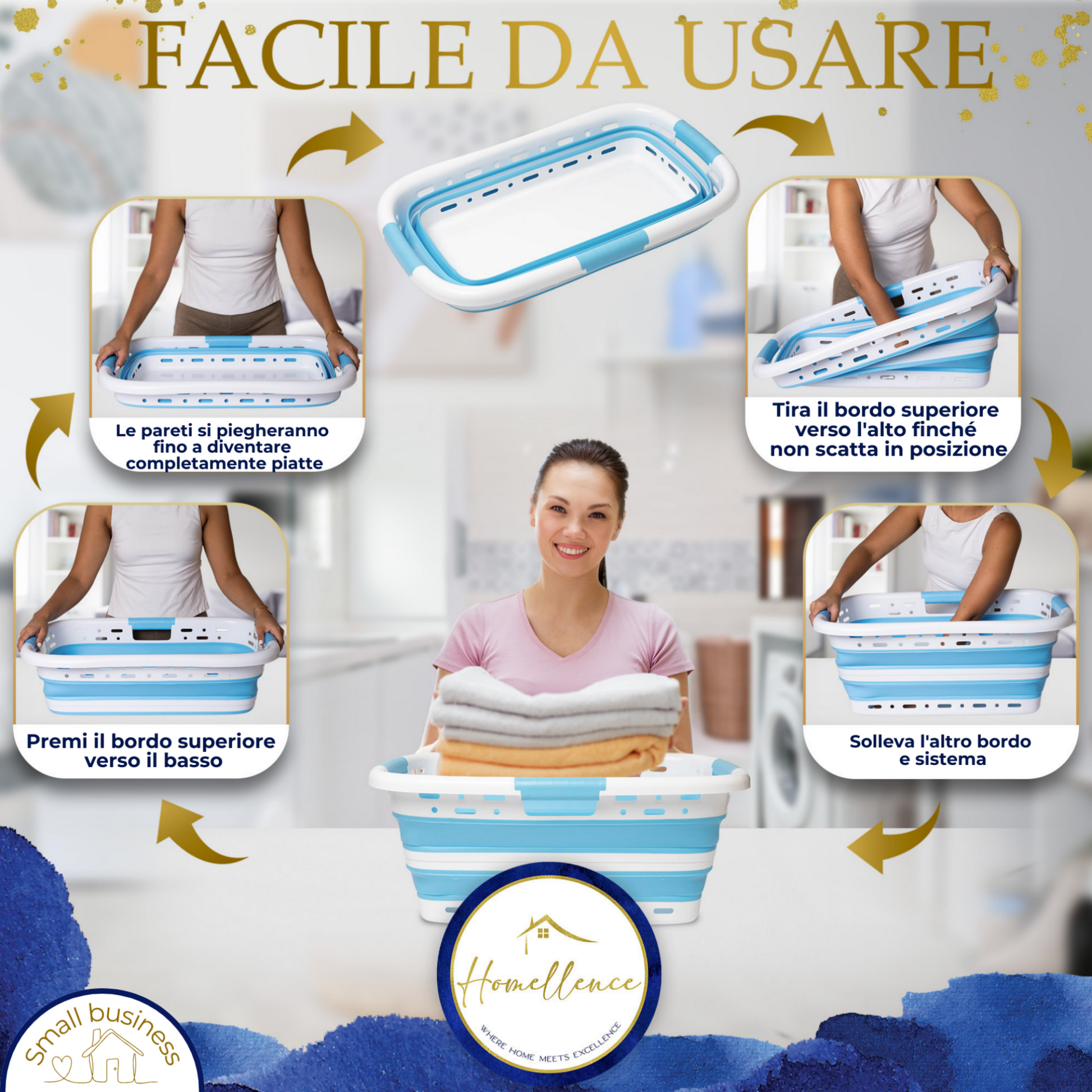 Manuale d'uso illustrato: come aprire e chiudere il cesto per la biancheria pieghevole azzurro in pochi semplici passaggi.