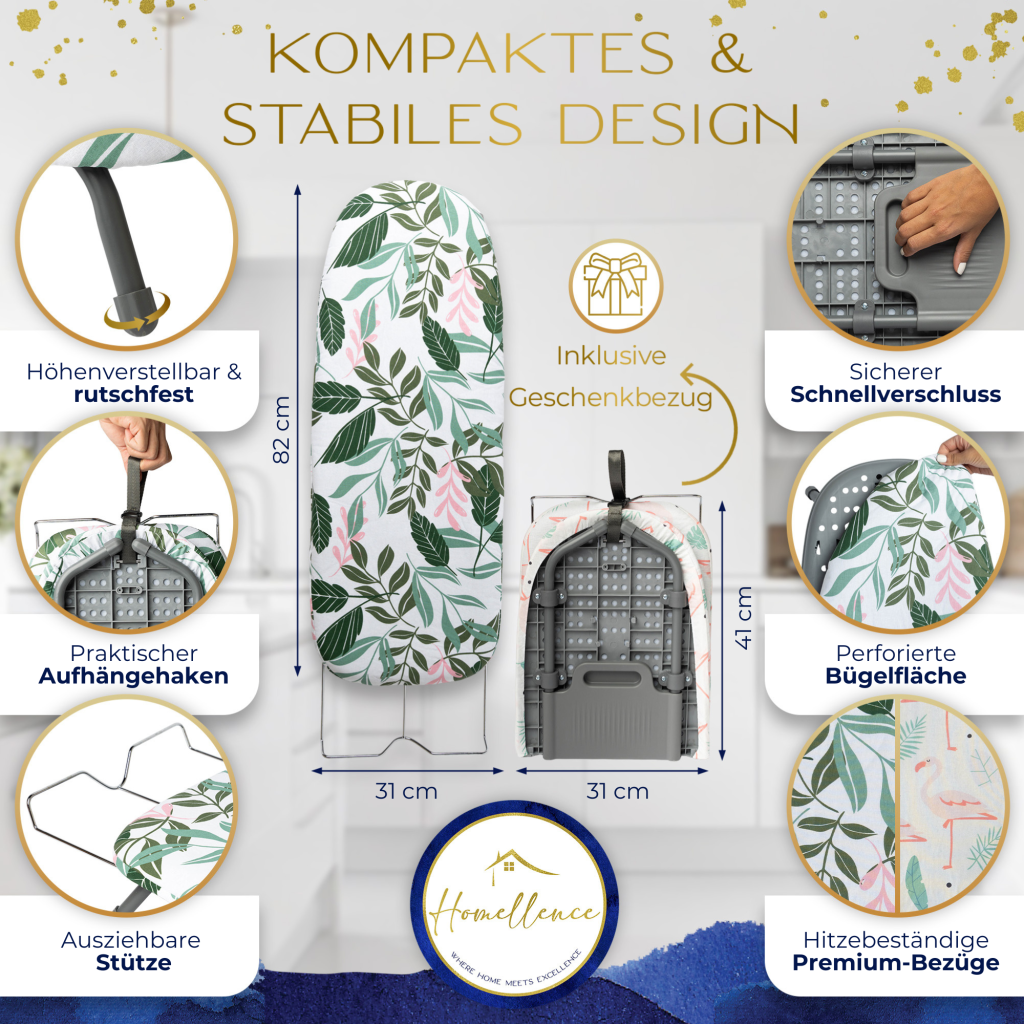 Technische Übersicht des Homellence Tischbügelbretts: 82 cm Länge, perforierte Bügelfläche, hitzebeständige Premium-Bezüge und praktischer Aufhängehaken.