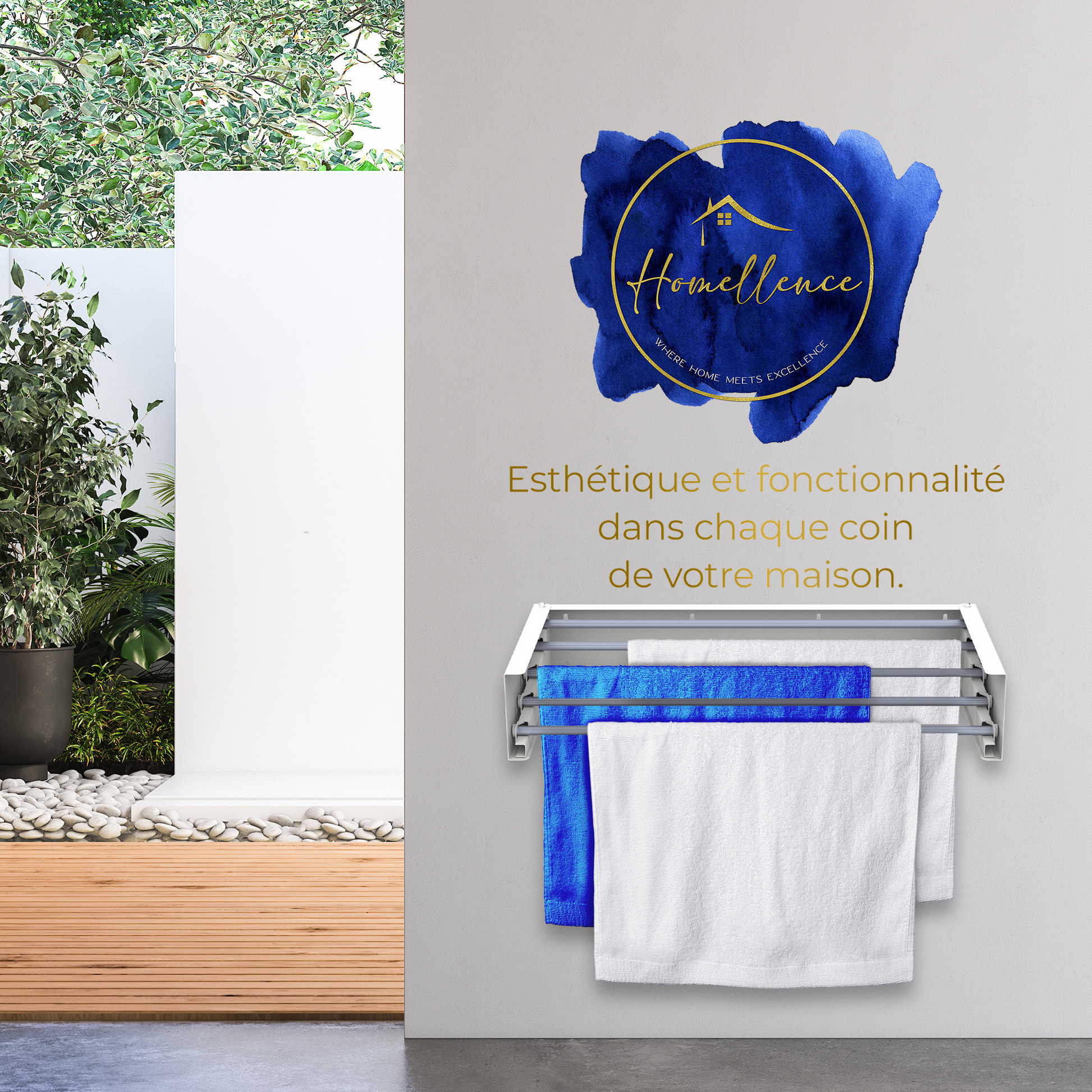 Scène lifestyle : esthétique et fonctionnalité dans chaque coin de la maison avec le séchoir mural blanc Homellence de 70 cm.