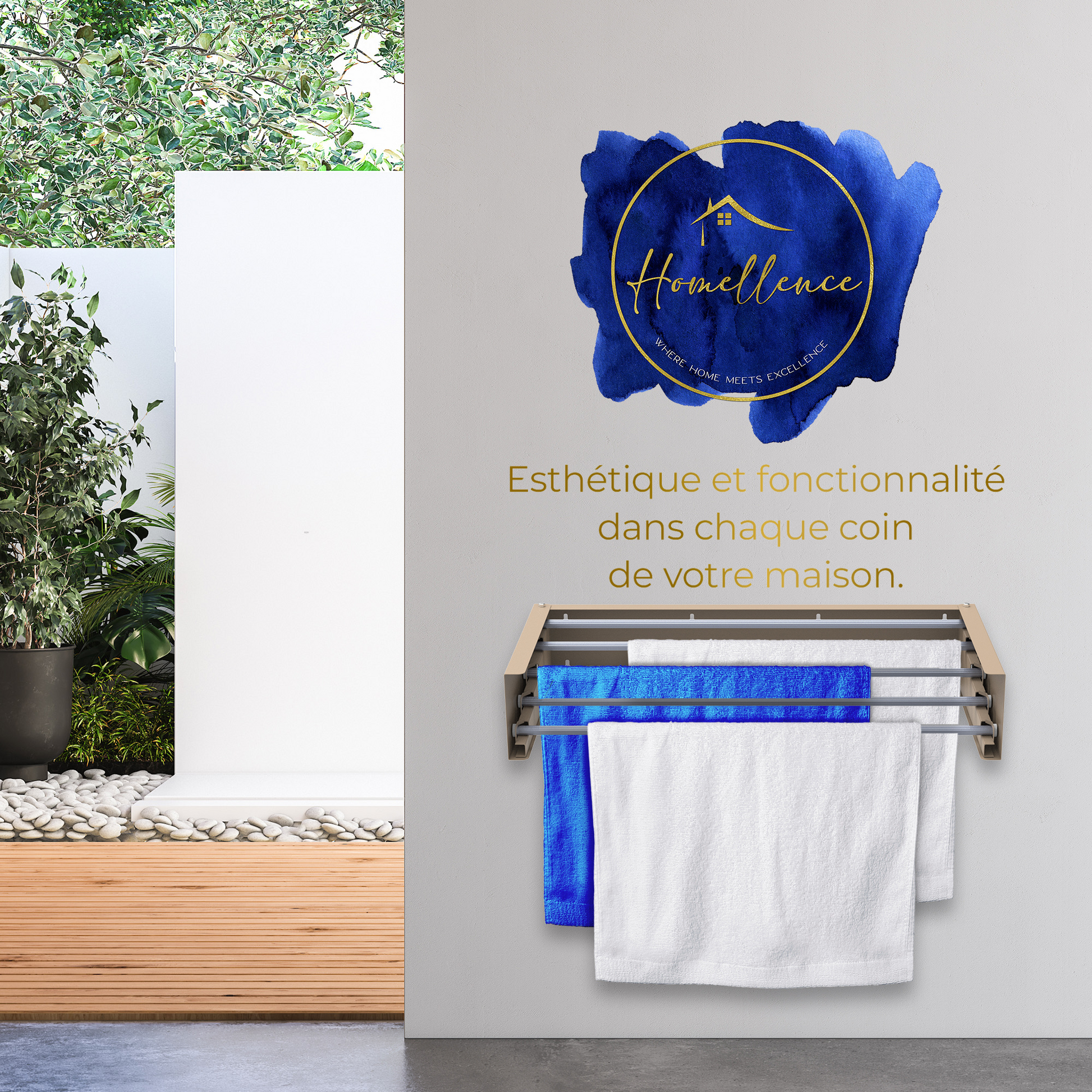 Scène lifestyle : esthétique et fonctionnalité dans chaque coin de la maison avec le séchoir mural cappuccino Homellence de 70 cm.