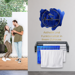 Lifestyle-Szene: Ein Paar präsentiert den montierten 70 cm Homellence Wand-Wäschetrockner – zeitlose Ästhetik und Funktionalität in Anthrazit.