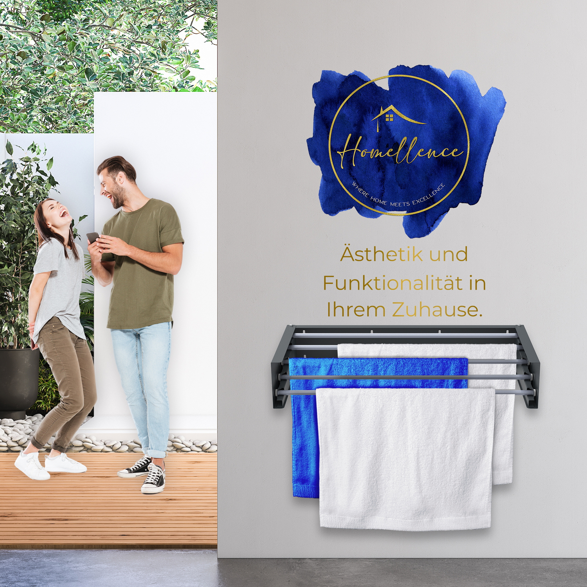 Lifestyle-Szene: Ein Paar präsentiert den montierten 70 cm Homellence Wand-Wäschetrockner – zeitlose Ästhetik und Funktionalität in Anthrazit.