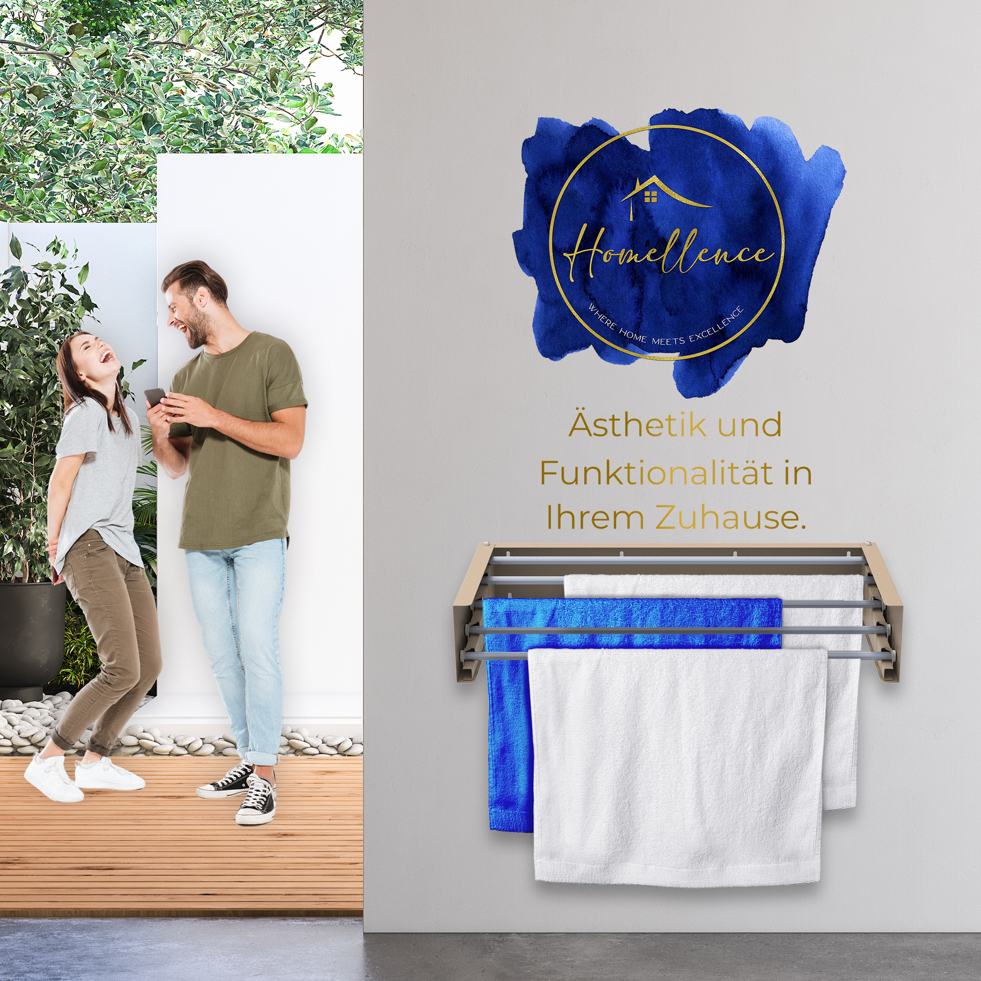 Lifestyle-Szene: Ein Paar präsentiert den montierten 70 cm Homellence Wand-Wäschetrockner – perfekte Kombination aus Ästhetik und Nutzwert.