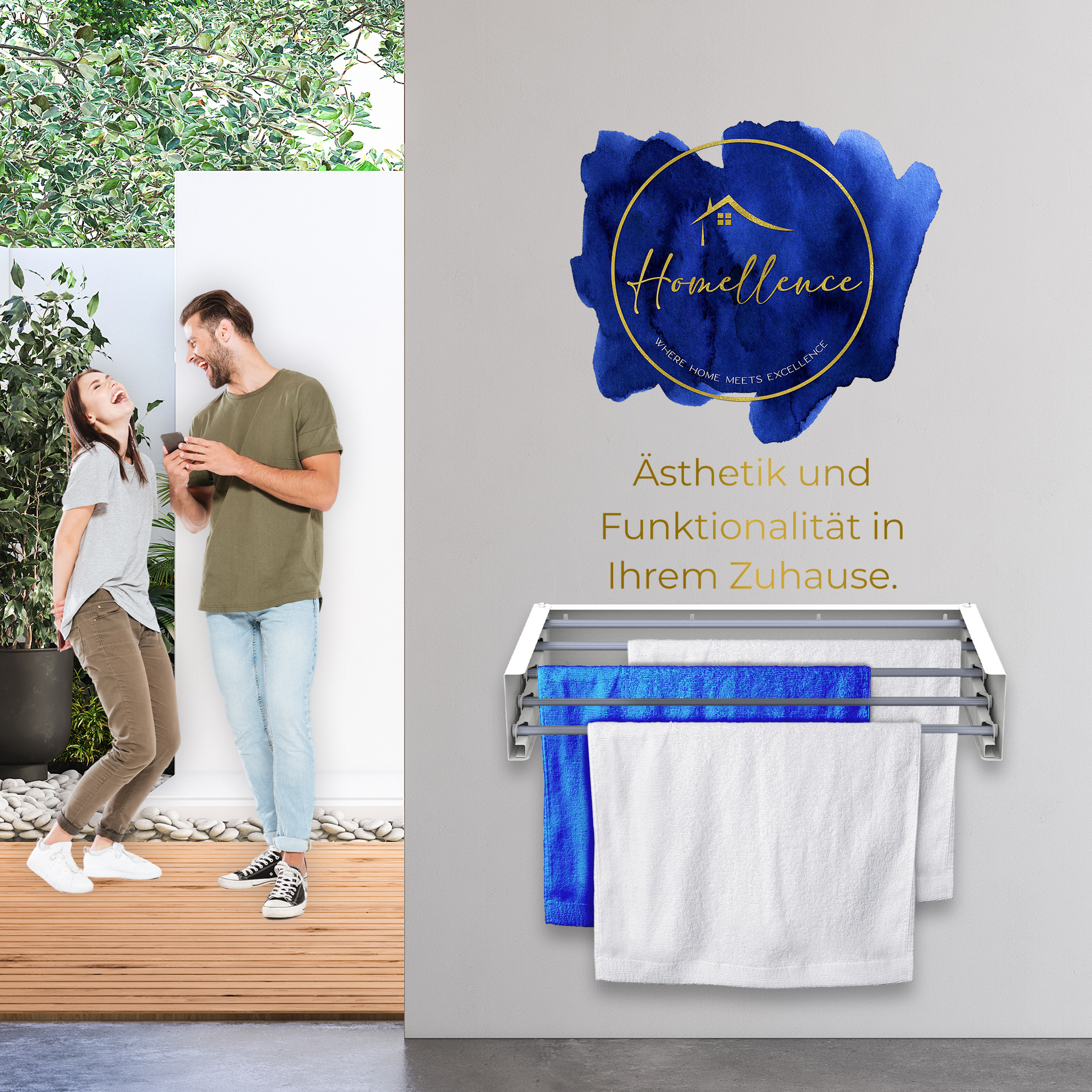 Lifestyle-Szene: Ein Paar präsentiert den montierten 70 cm Homellence Wand-Wäschetrockner – Ästhetik und Funktionalität in Weiß.