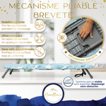 Infographie sur le mécanisme breveté Homellence : garantit une stabilité absolue sans oscillations et une surface de repassage lisse et uniforme.