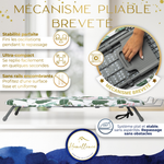 Infographie sur le mécanisme pliable breveté Homellence : garantit une stabilité parfaite sans oscillations et une surface lisse pour le repassage