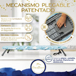 Infografía de la marca Homellence: el mecanismo patentado garantiza estabilidad absoluta sin tambaleos y una superficie de planchado lisa.