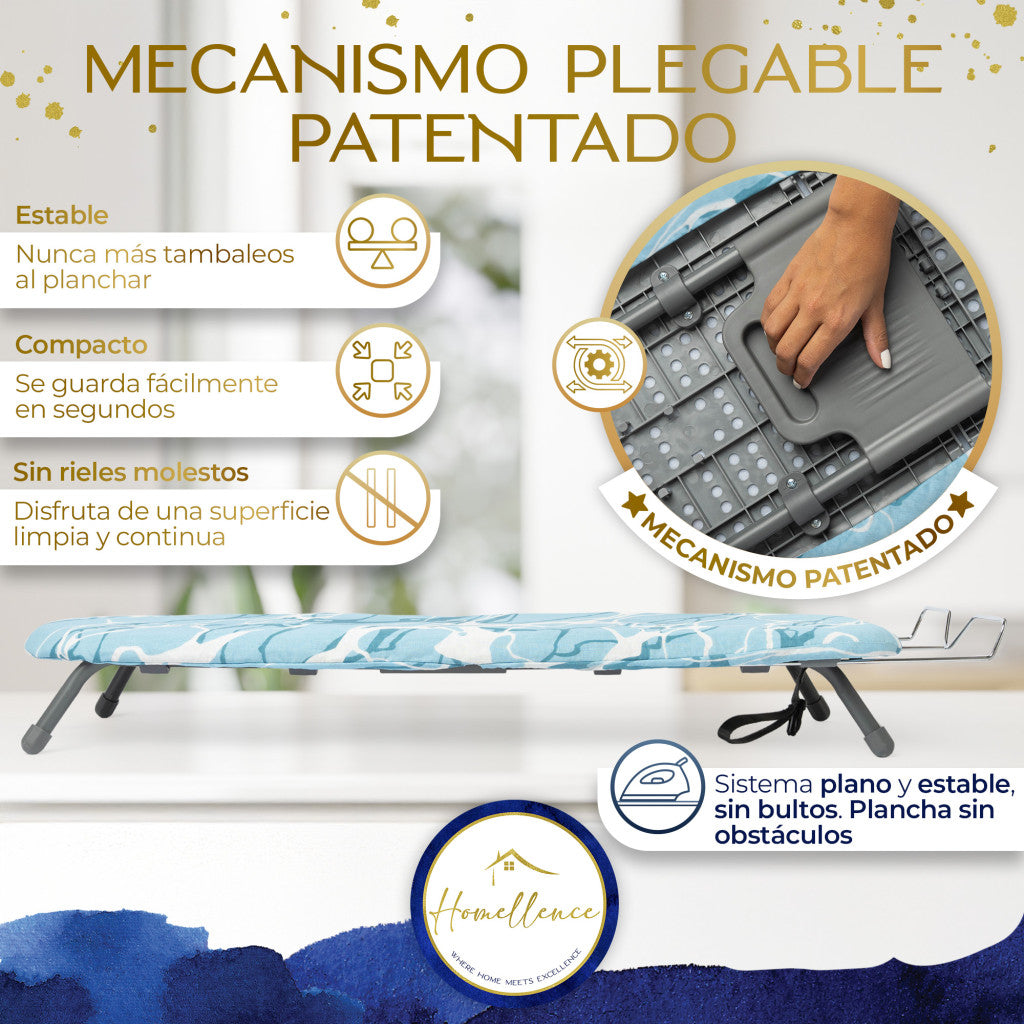 Infografía de la marca Homellence: el mecanismo patentado garantiza estabilidad absoluta sin tambaleos y una superficie de planchado lisa.
