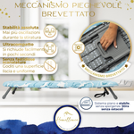 Infografica sul meccanismo brevettato: garantisce stabilità assoluta senza oscillazioni e una superficie liscia e uniforme per una stiratura perfetta.