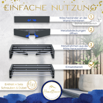 Bebilderte Anleitung für den 70 cm Wand-Wäschetrockner in Anthrazit: Einfache Montage mit Schraubenset und komfortables Ausziehen des Rahmens.