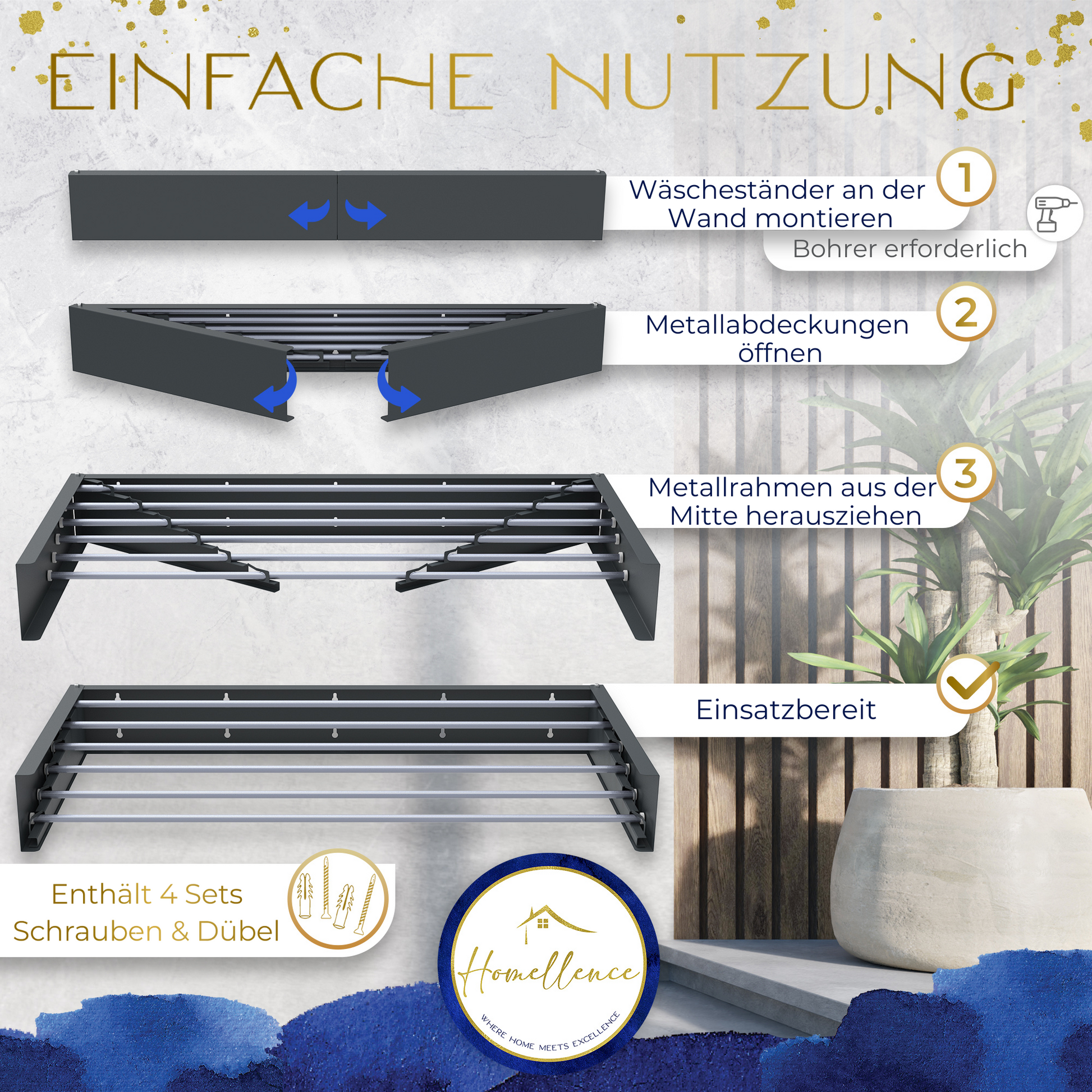 Schritt-für-Schritt-Anleitung für den Homellence Wand-Wäschetrockner: Einfache Montage und komfortable Bedienung des ausziehbaren Metallrahmens.