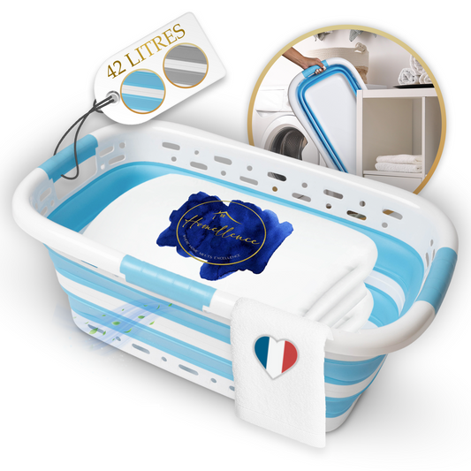 Panier à linge pliable Homellence bleu et blanc, capacité de 42 litres, design pop-up gain de place pour buanderie moderne.