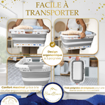Détail du design ergonomique à 3 poignées du panier à linge gris pour un transport confortable et une prise en main sûre.