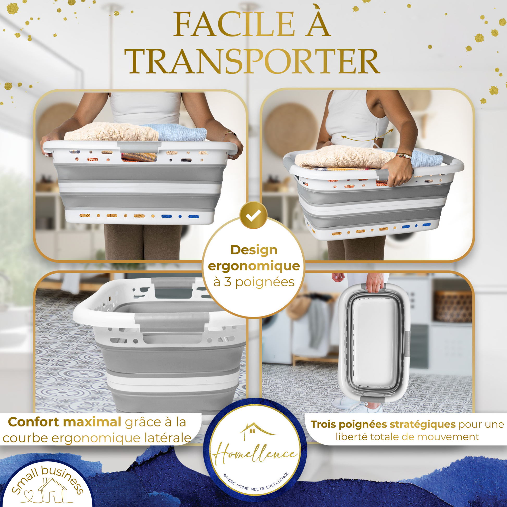 Détail du design ergonomique à 3 poignées du panier à linge gris pour un transport confortable et une prise en main sûre.