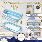 Démonstration du gain de place : le panier bleu Homellence replié se range facilement à côté de la machine à laver.