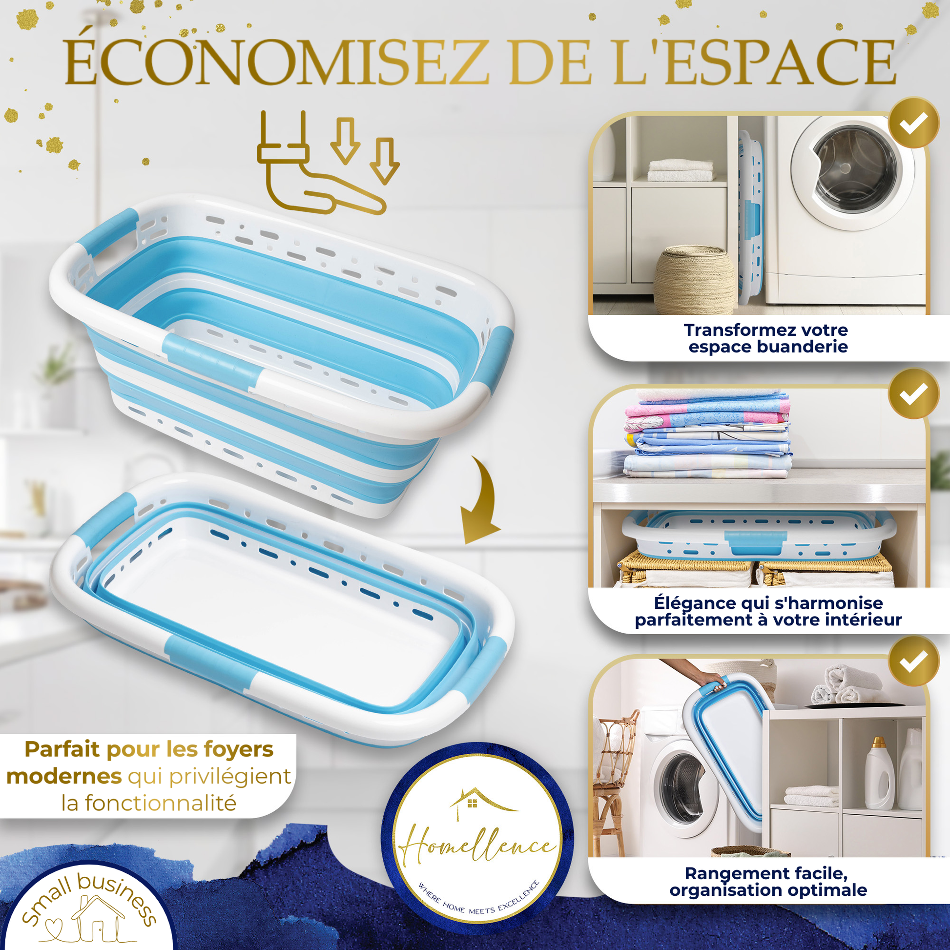 Démonstration du gain de place : le panier bleu Homellence replié se range facilement à côté de la machine à laver.