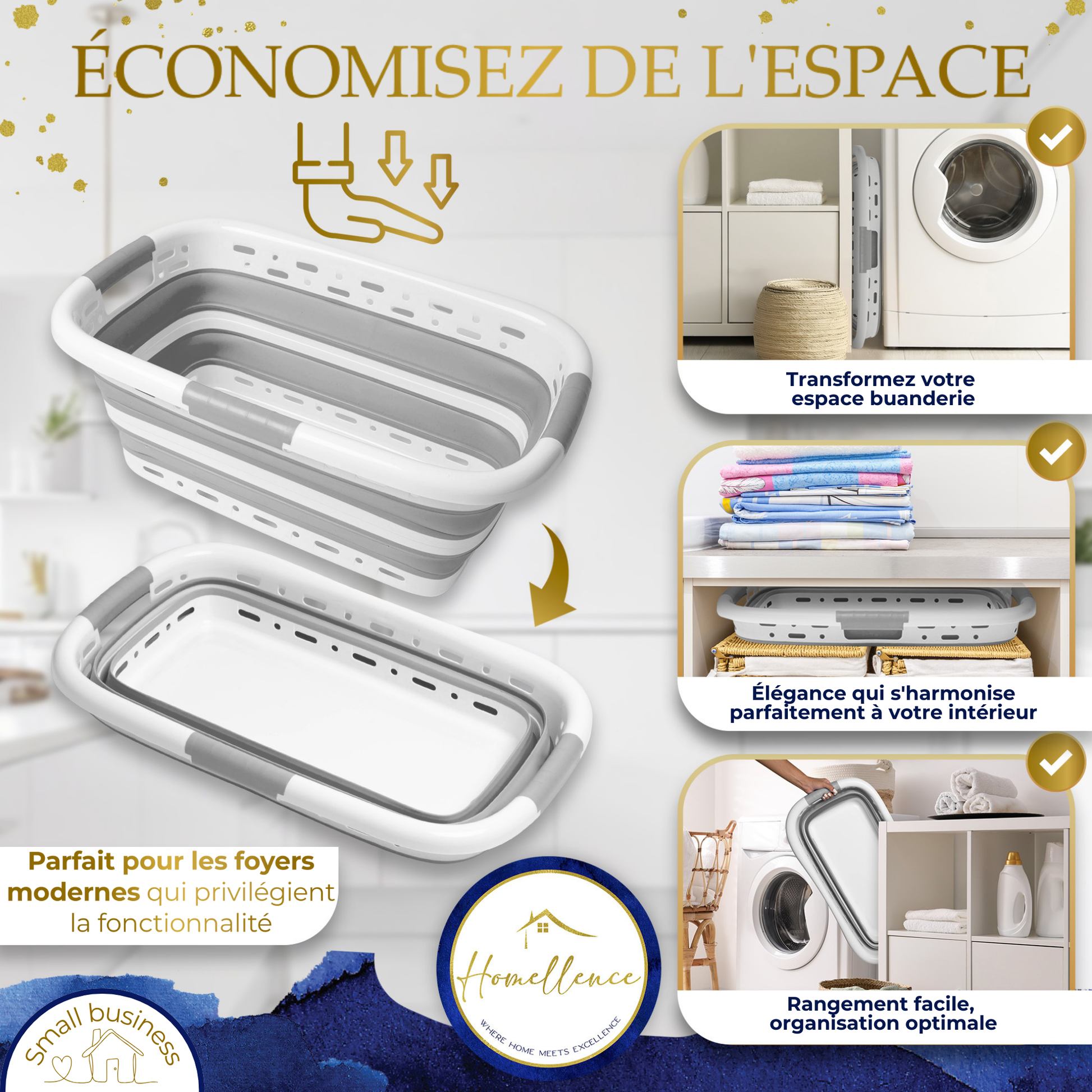 Démonstration du gain de place : le panier gris Homellence replié se range facilement à côté de la machine à laver.