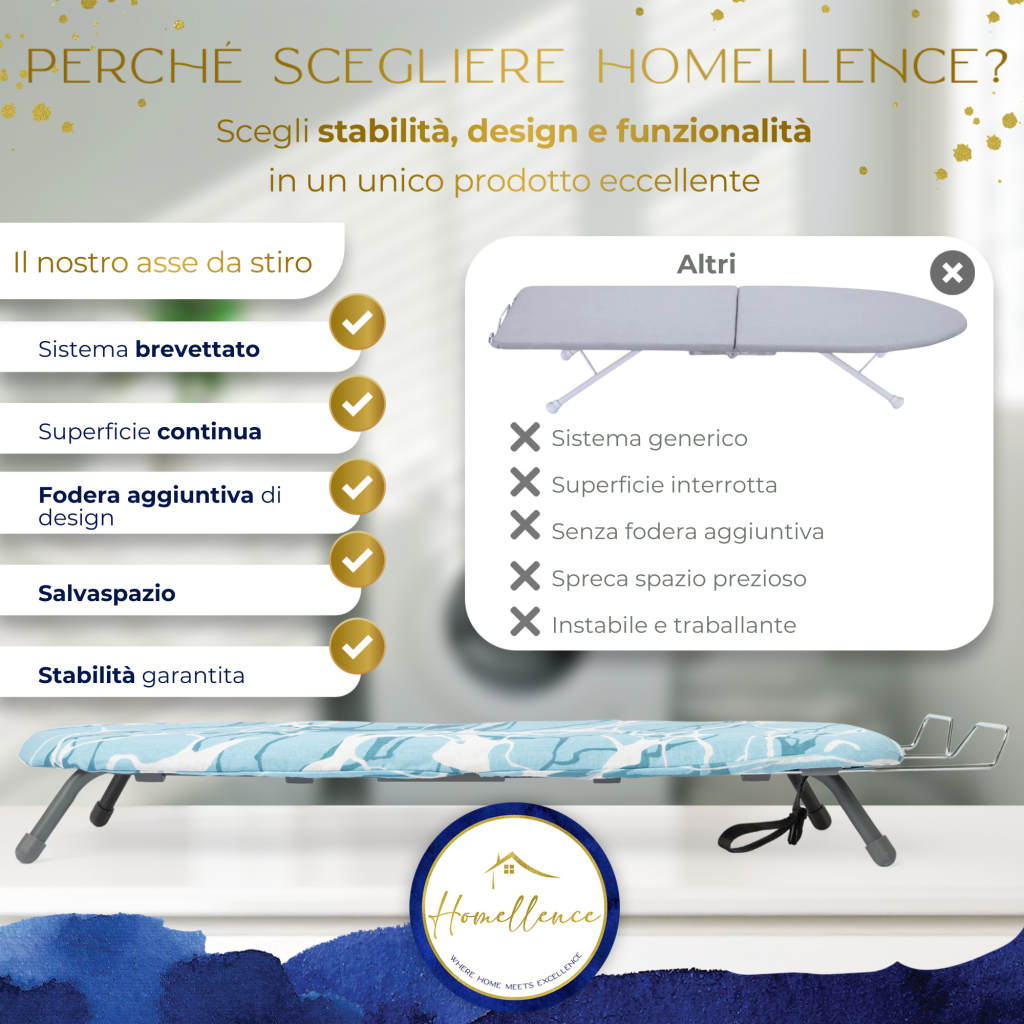 Tabella comparativa: i vantaggi dell'asse da stiro Homellence come il sistema brevettato e la stabilità garantita rispetto ai modelli standard.